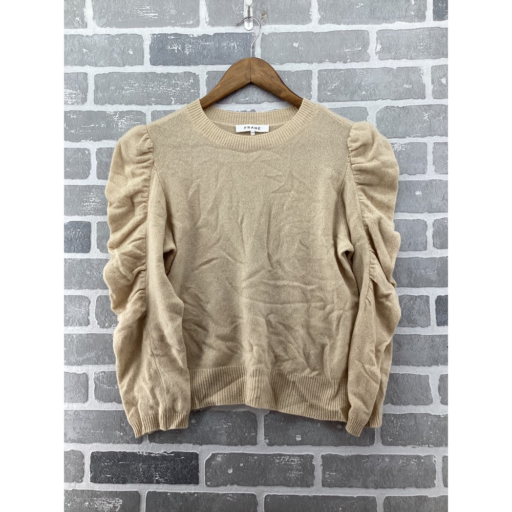 FRAME Vanilla Cashmere Ruched Puff Sleeve Crewneck Sweater Beige LWSW1155 Medium
